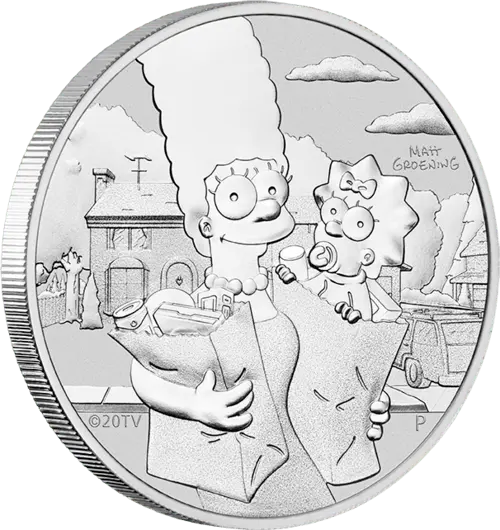 Vorderseite und Rand der 1 Unze Silber The Simpsons Marge und Maggie 2021 von Hersteller Perth Mint