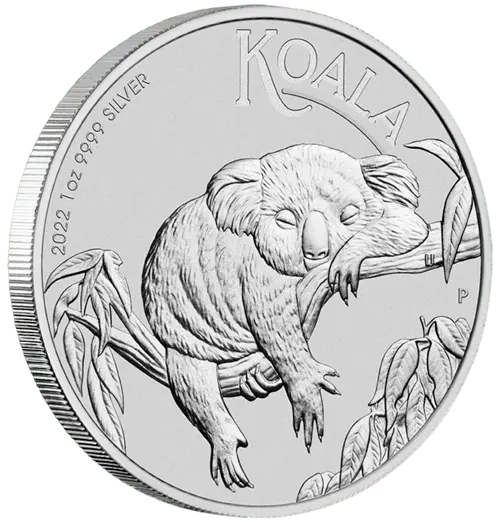 Vorderseite und Rand der 1 Unze Silber Australian Koala 2022 von Hersteller Perth Mint