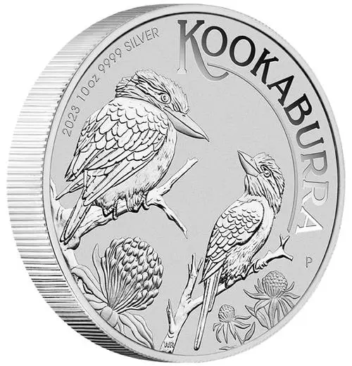 Vorderseite und Rand 10 Unze Silber Kookaburra 2023 von Hersteller Perth Mint