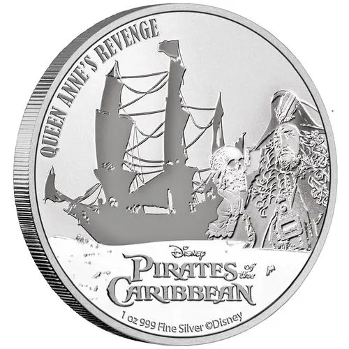 Vorderseite und Rand der 1 Unze Silber Disney Fluch der Karibik 2022 von Hersteller New Zealand Mint