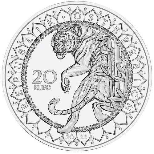 Vorderseite 22,42 g Silber 20 Euro Asien Stärke des Tigers 2022 Augen der Kontinente 