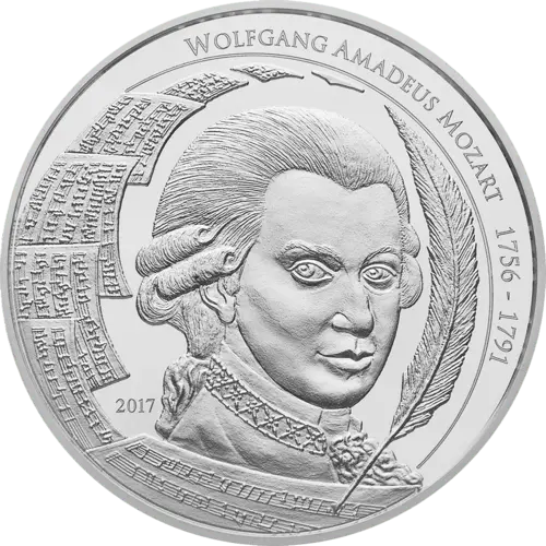 Vorderseite der 1 Unze Silber Mozart 2017 von Hersteller philoro Edelmetalle GmbH