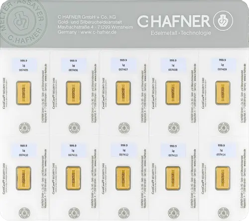 Rückseite Goldbarren SmartPack 10x1 Gramm in spezieller Blisterkarte mit Zertifikat, der Hersteller C. Hafner