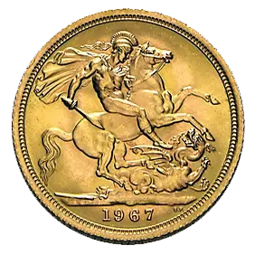 Vorderseite Goldmünze 7,32 Gramm Full Sovereign 1967, der Hersteller Royal Mint