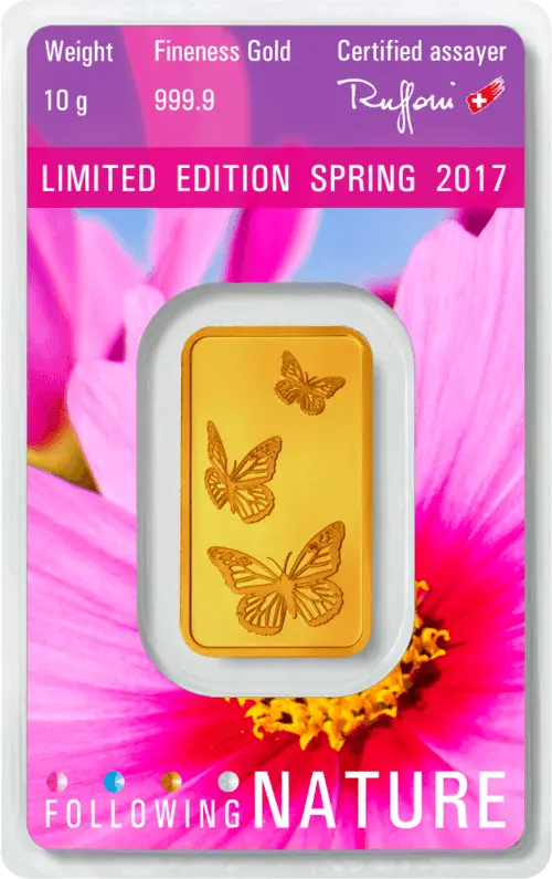 Rückseite Goldbarren 10 Gramm Following Nature Limited Edition Spring 2017, der Hersteller Argor-Heraeus