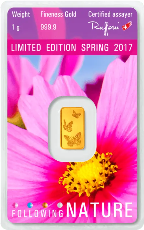 Rückseite Goldbarren Following Nature Limited Edition Spring 2017 5 Gramm, der Hersteller Argor-Heraeus