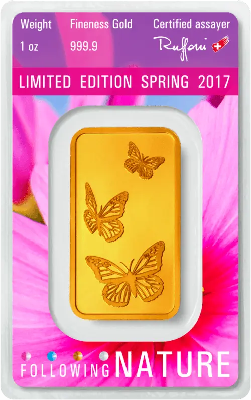 Rückseite Goldbarren Following Nature 2017/18 Limited Edition Spring 2017 1 Unze, der Hersteller Argor-Heraeus