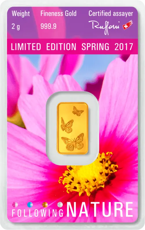 Rückseite Goldbarren Following Nature Limited Edition Spring 2017 2 Gramm, der Hersteller Argor-Heraeus