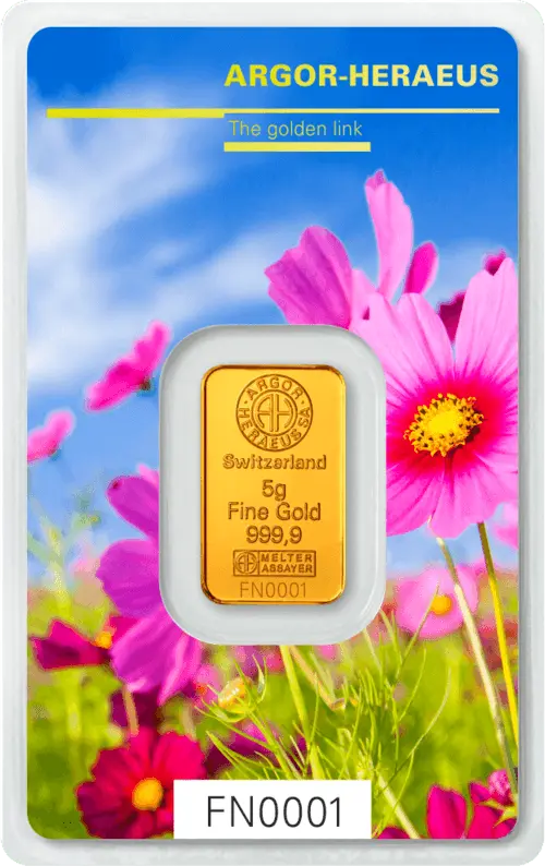 Vorderseite Goldbarren Following Nature Limited Edition Spring 2017 5 Gramm, der Hersteller Argor-Heraeus