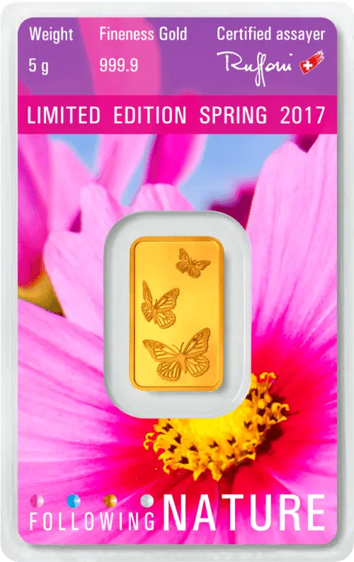 Rückseite Goldbarren Following Nature Limited Edition Spring 2017 5 Gramm, der Hersteller Argor-Heraeus