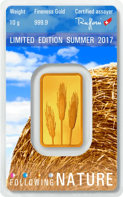 Rückseite Goldbarren 10 Gramm Following Nature Limited Edition Summer 2017, der Hersteller Argor-Heraeus