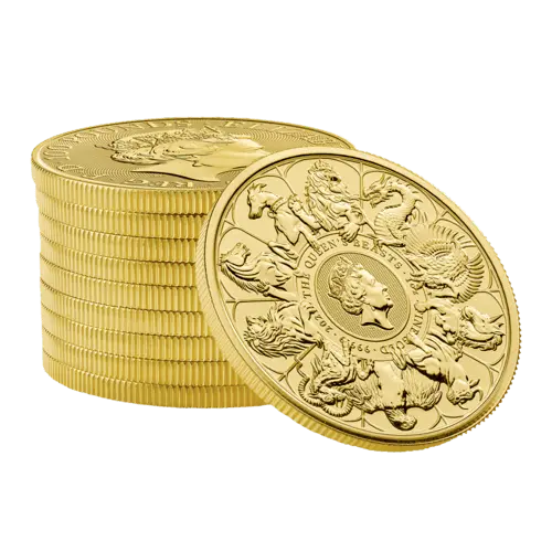 Stapel Goldmünzen The Queen´s Beasts - Completer Coin 2021, der Hersteller Royal Mint