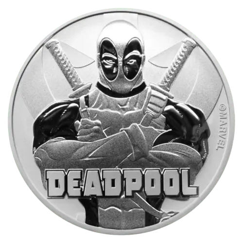 Vorderseite der 1 Unze Silber Marvel Deadpool 2018 von Hersteller Perth Mint