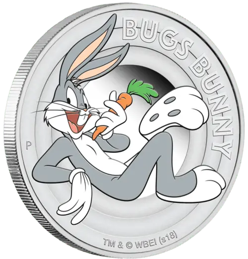 Seitenansicht der 1/2 Unze Silber Looney tunes Bugs Bunny 2018 - polierte platte von Perth Mint