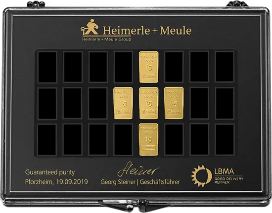 Vorderseite Goldbarren 5x1 Gramm, der Hersteller Heimerle & Meule