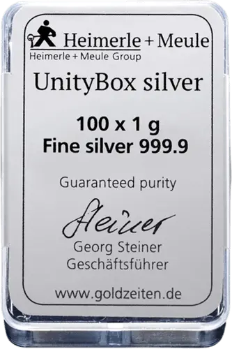 Rückseite der 100 x 1 g Silber Unity box von Hersteller Heimerle und Meule