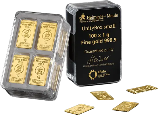 Vorderseite mehrere Goldbarren 100 x 1 Gramm UnityBox S in durchsichtiger Plastikkapsel, der Hersteller Heimerle & Meule