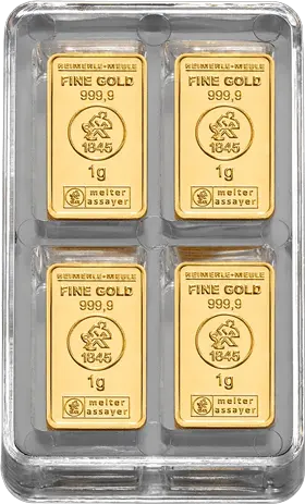 Vorderseite Goldbarren 36x1 Gramm UnityBox XS, der Hersteller Heimerle & Meule