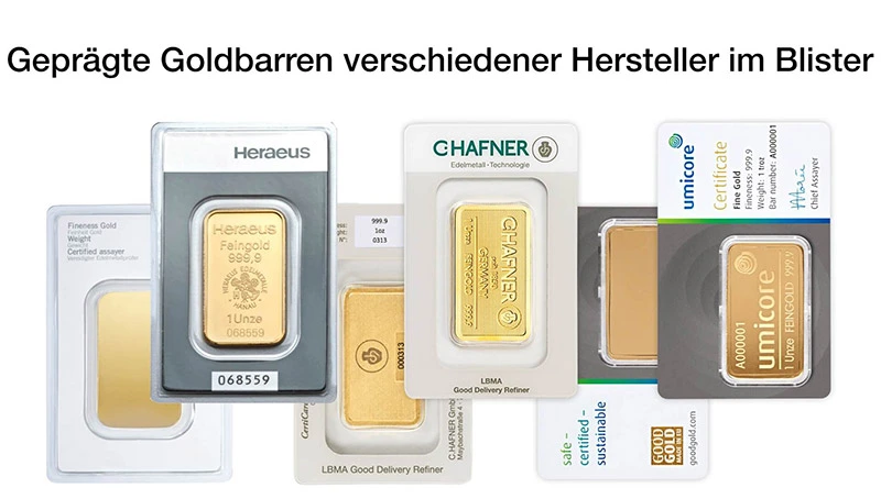 Geprägte Goldbarren verschiedener Hersteller im Blister