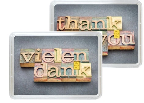 Vorderseite Geschenkgoldbarren Vielen Dank & Thank you 0,5 Gramm, der Hersteller Valcambi