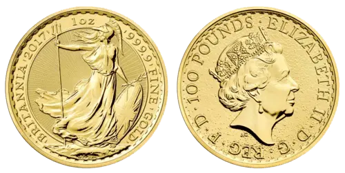 Vorderseite und Rückseite Goldmünze 1 Unze Britannia diverse Jahrgänge, der Hersteller Royal Mint