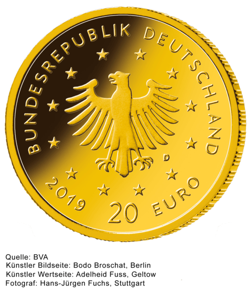 Rückseite Goldmünze 1/8 Unze 20 Euro Heimische Vögel diverse Jahrgänge, der Hersteller Div. dt. Prägeanstalten