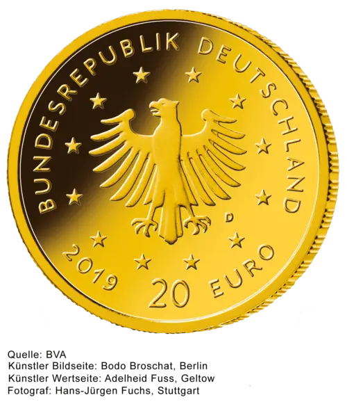 Rückseite Goldmünze 1/8 Unze 20 Euro Heimische Vögel diverse Jahrgänge, der Hersteller Div. dt. Prägeanstalten