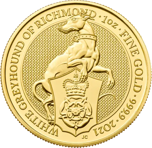 Vorderseite Goldmünze 1 Unze The Queen´s Beasts - White Greyhound of Richmond 2021, der Hersteller Royal Mint