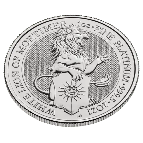 Ansicht von oben der 1 Unze Platin The Queen´s Beasts - White Lion of Mortimer 2021 Münze vom Hersteller Royal Mint