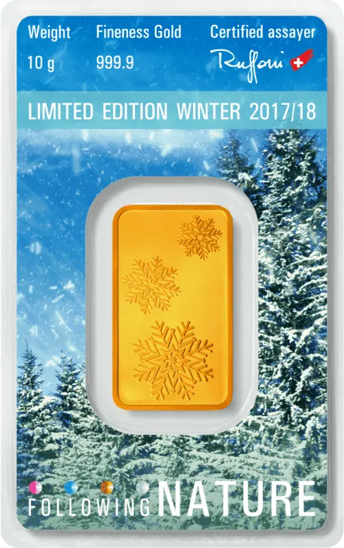 Rückseite Goldbarren Following Nature Limited Edition Winter 2017/18 10 Gramm, der Hersteller Argor-Heraeus