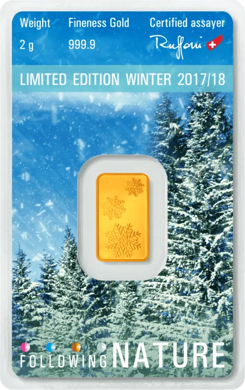 Rückseite Goldbarren Following Nature Limited Edition Winter 2017/18 2 Gramm, der Hersteller Argor-Heraeus