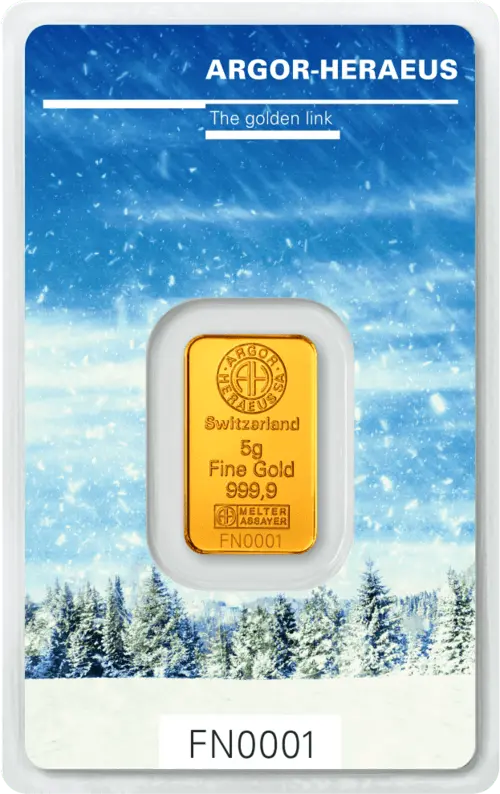 Vorderseite Goldbarren Following Nature Limited Edition Winter 2017/18 5 Gramm, der Hersteller Argor-Heraeus