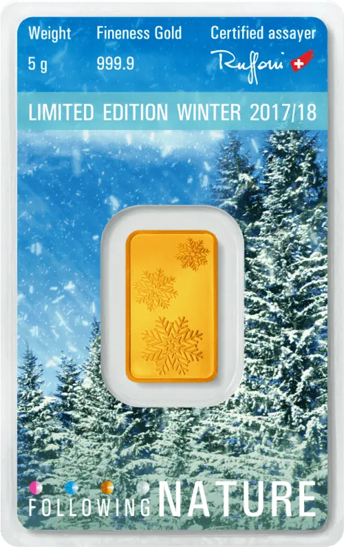 Rückseite Goldbarren Following Nature Limited Edition Winter 2017/18 5 Gramm, der Hersteller Argor-Heraeus